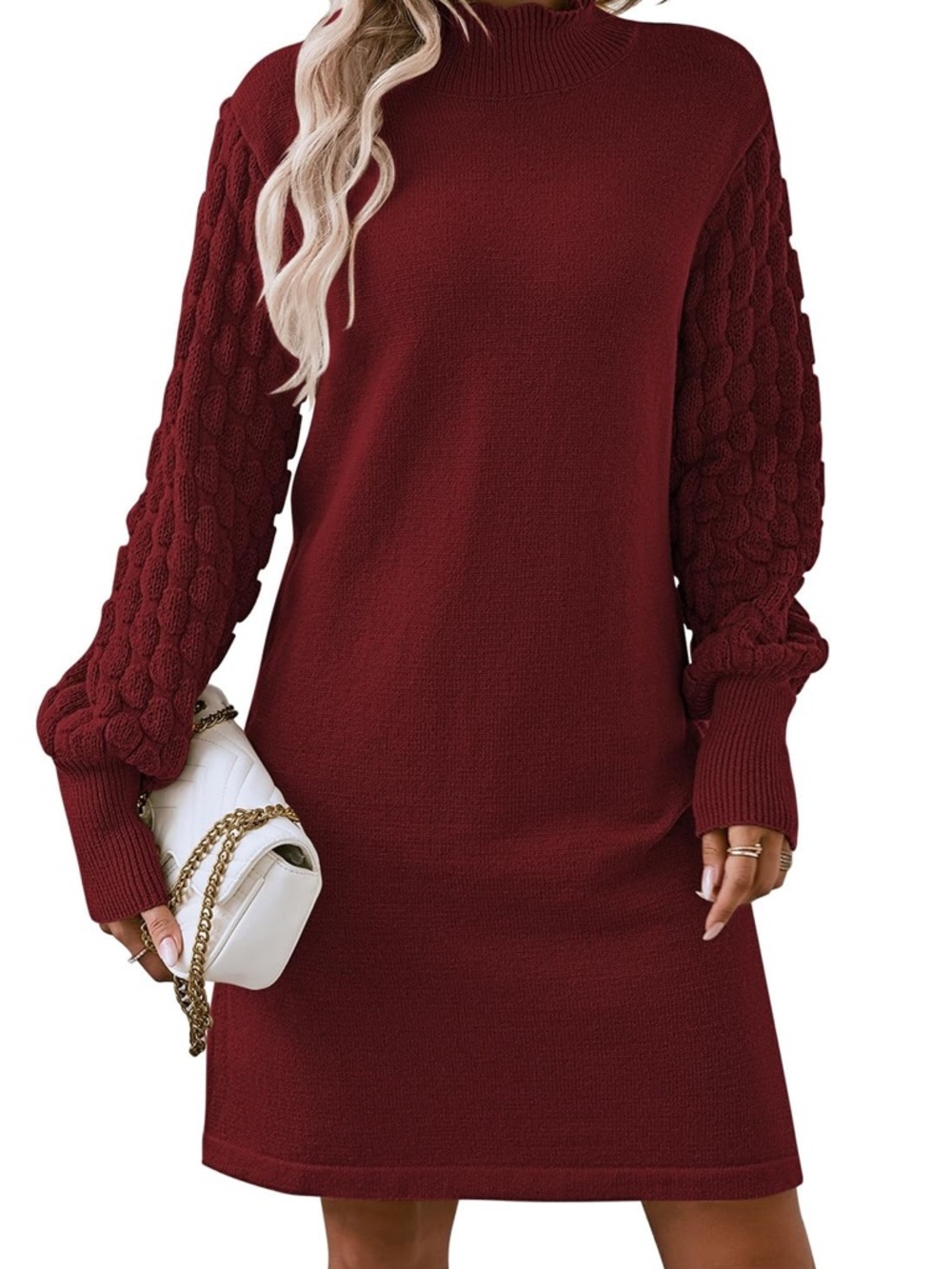 Sweater Dress Casual Loose Ribbed Knit Mini Short Pullover Dresses Berry Red